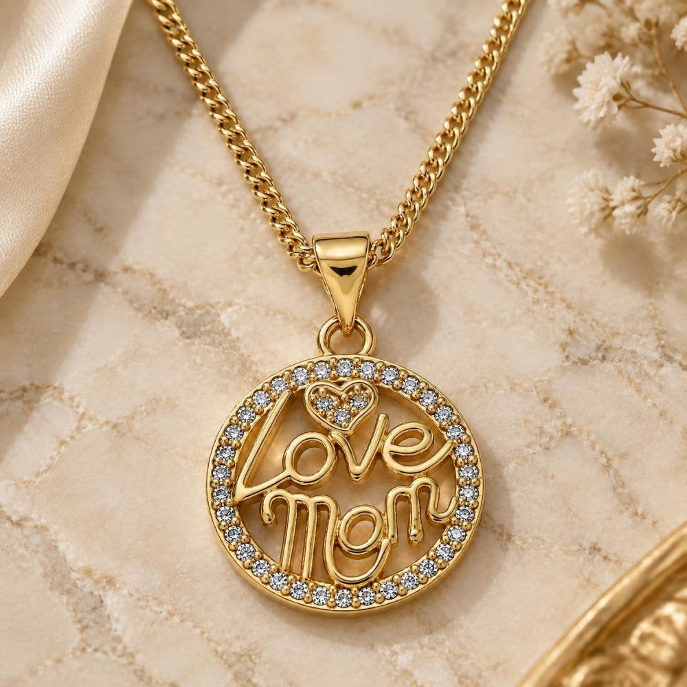 Oro Laminado Pendant Necklace, Gold Filled Style Love and Mom Design, with White Micro Pave, Polished, Golden Finish