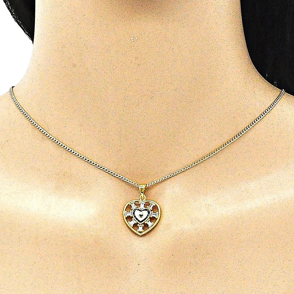 Oro Laminado Pendant Necklace, Gold Filled Style Heart and Baguette Design, with White Cubic Zirconia, Black Enamel Finish, Golden Finish