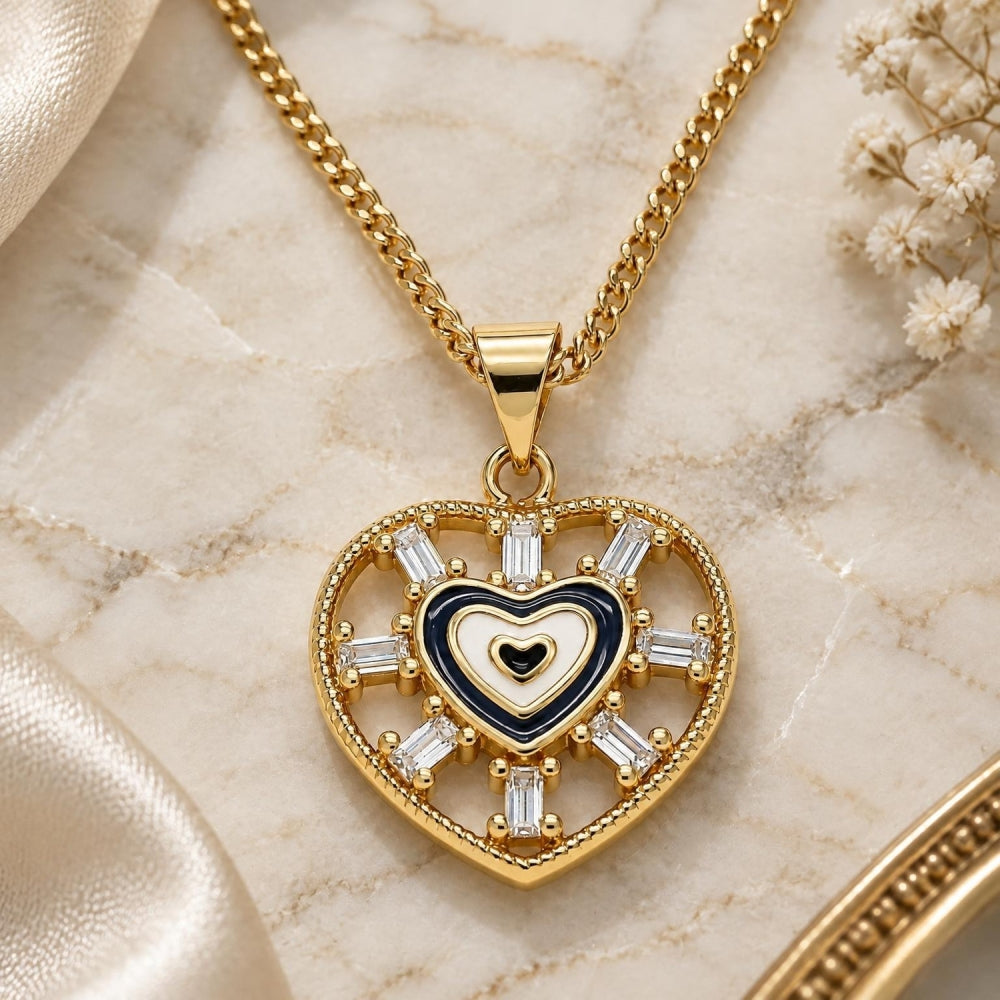 Oro Laminado Pendant Necklace, Gold Filled Style Heart and Baguette Design, with White Cubic Zirconia, Black Enamel Finish, Golden Finish