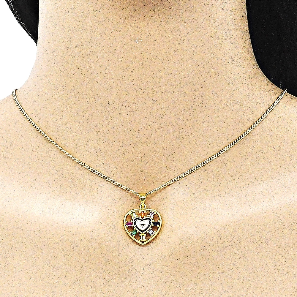 Oro Laminado Pendant Necklace, Gold Filled Style Heart and Baguette Design, with Multicolor Cubic Zirconia, Black Enamel Finish, Golden Finish