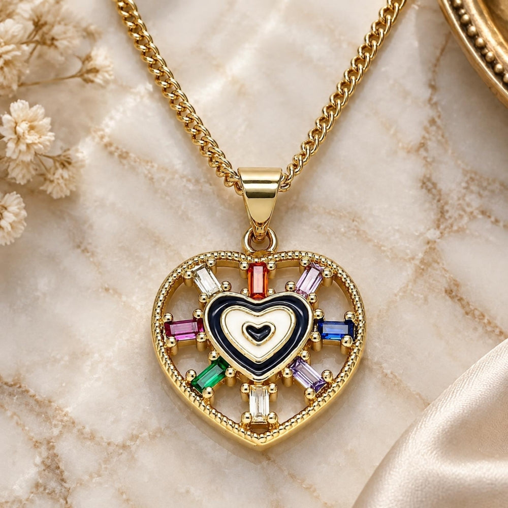 Oro Laminado Pendant Necklace, Gold Filled Style Heart and Baguette Design, with Multicolor Cubic Zirconia, Black Enamel Finish, Golden Finish
