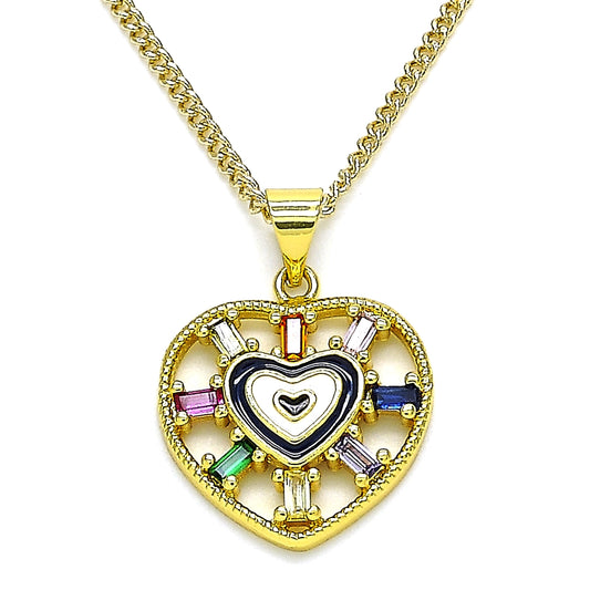 Oro Laminado Pendant Necklace, Gold Filled Style Heart and Baguette Design, with Multicolor Cubic Zirconia, Black Enamel Finish, Golden Finish