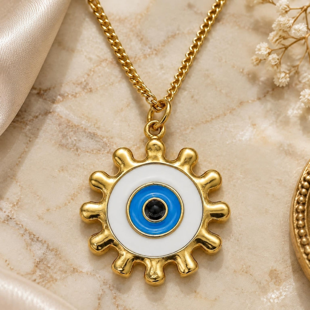 Oro Laminado Pendant Necklace, Gold Filled Style Evil Eye and Sun Design, White Enamel Finish, Golden Finish