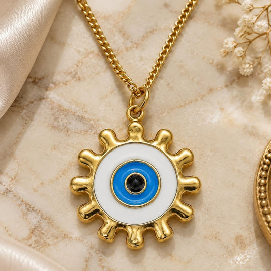 Oro Laminado Pendant Necklace, Gold Filled Style Evil Eye and Sun Design, White Enamel Finish, Golden Finish