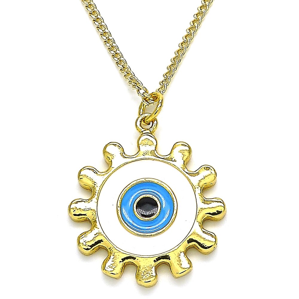 Oro Laminado Pendant Necklace, Gold Filled Style Evil Eye and Sun Design, White Enamel Finish, Golden Finish