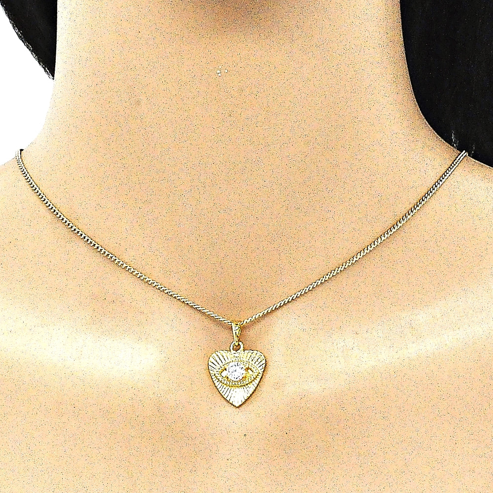 Oro Laminado Earring and Pendant Adult Set, Gold Filled Style Evil Eye and Heart Design, with White Cubic Zirconia, Polished, Golden Finish
