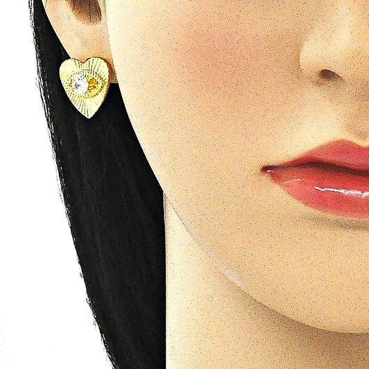 Oro Laminado Earring and Pendant Adult Set, Gold Filled Style Evil Eye and Heart Design, with White Cubic Zirconia, Polished, Golden Finish