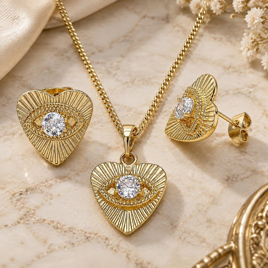 Oro Laminado Earring and Pendant Adult Set, Gold Filled Style Evil Eye and Heart Design, with White Cubic Zirconia, Polished, Golden Finish
