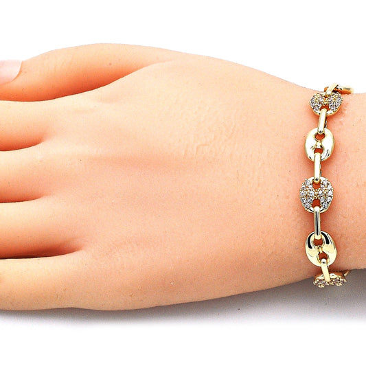 Oro Laminado Fancy Bracelet, Gold Filled Style Puff Mariner Design, with White Micro Pave, Polished, Golden Finish