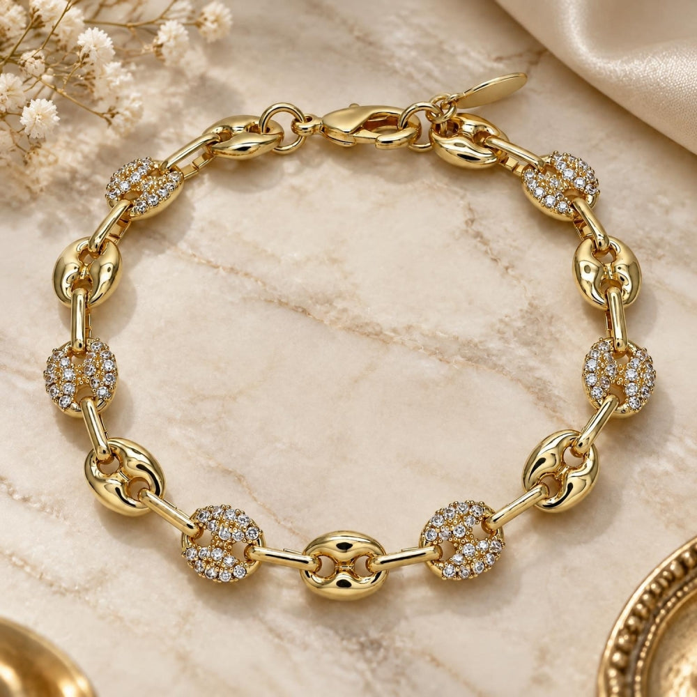 Oro Laminado Fancy Bracelet, Gold Filled Style Puff Mariner Design, with White Micro Pave, Polished, Golden Finish