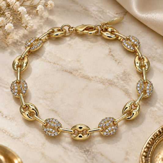 Oro Laminado Fancy Bracelet, Gold Filled Style Puff Mariner Design, with White Micro Pave, Polished, Golden Finish