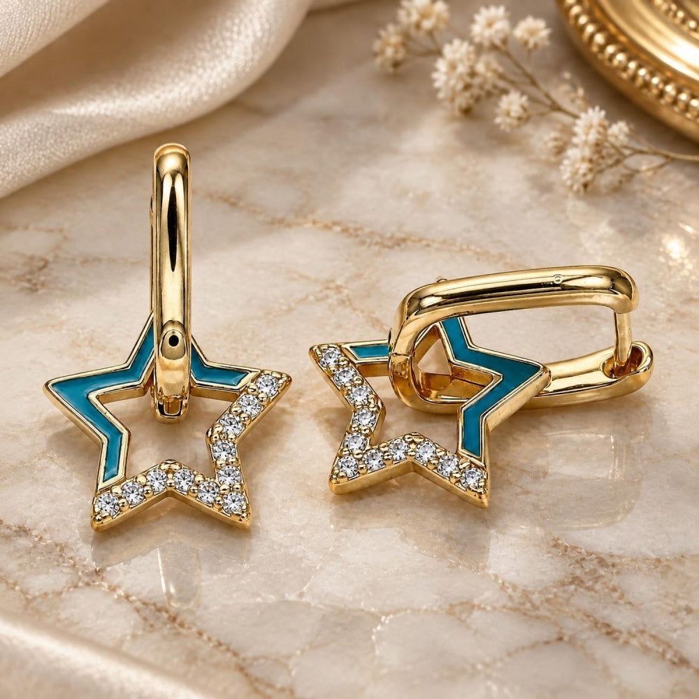 Oro Laminado Huggie Hoop, Gold Filled Style Star Design, with White Micro Pave, Turquoise Enamel Finish, Golden Finish