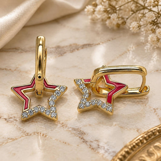 Oro Laminado Huggie Hoop, Gold Filled Style Star Design, with White Micro Pave, Red Enamel Finish, Golden Finish