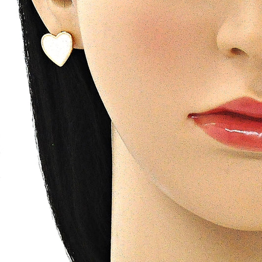 Oro Laminado Stud Earring, Gold Filled Style Heart Design, Pink Enamel Finish, Golden Finish