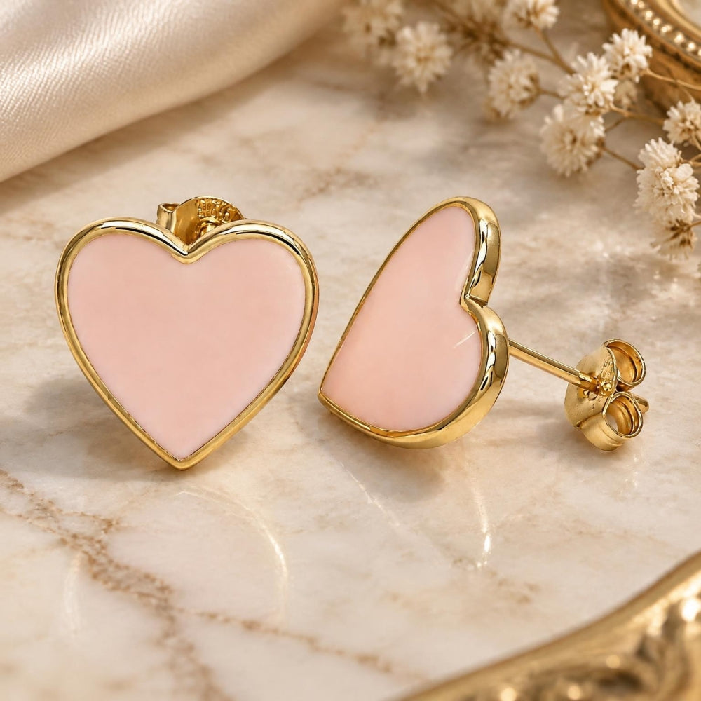 Oro Laminado Stud Earring, Gold Filled Style Heart Design, Pink Enamel Finish, Golden Finish