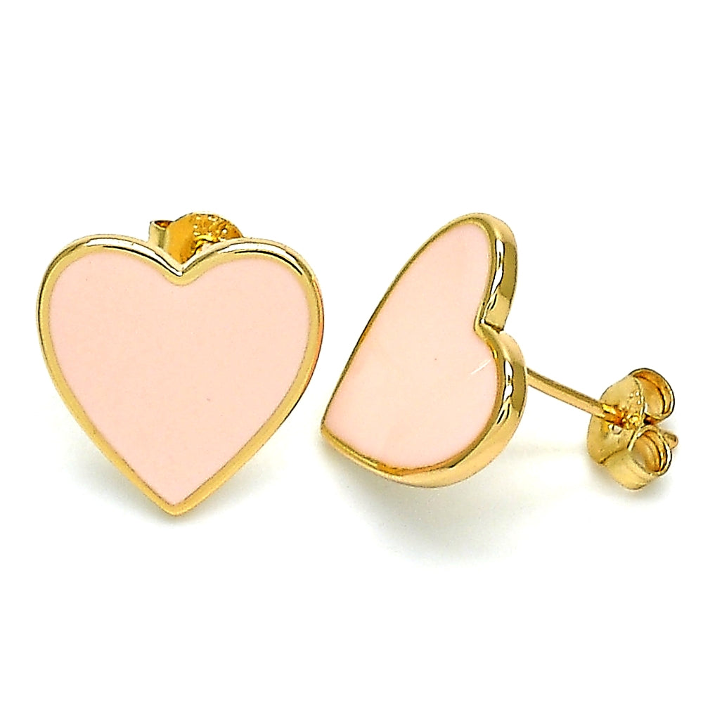 Oro Laminado Stud Earring, Gold Filled Style Heart Design, Pink Enamel Finish, Golden Finish