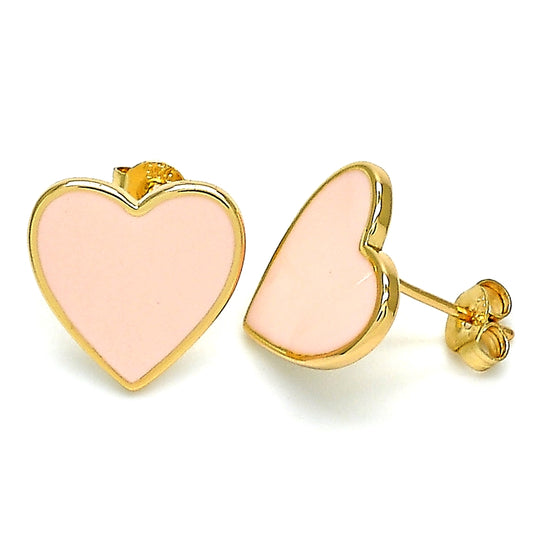 Oro Laminado Stud Earring, Gold Filled Style Heart Design, Pink Enamel Finish, Golden Finish