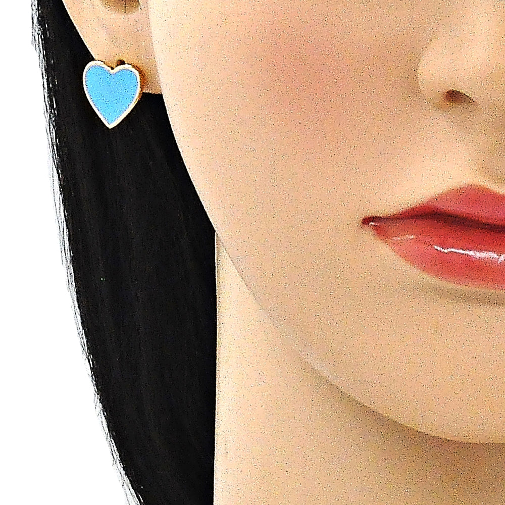 Oro Laminado Stud Earring, Gold Filled Style Heart Design, Blue Enamel Finish, Golden Finish