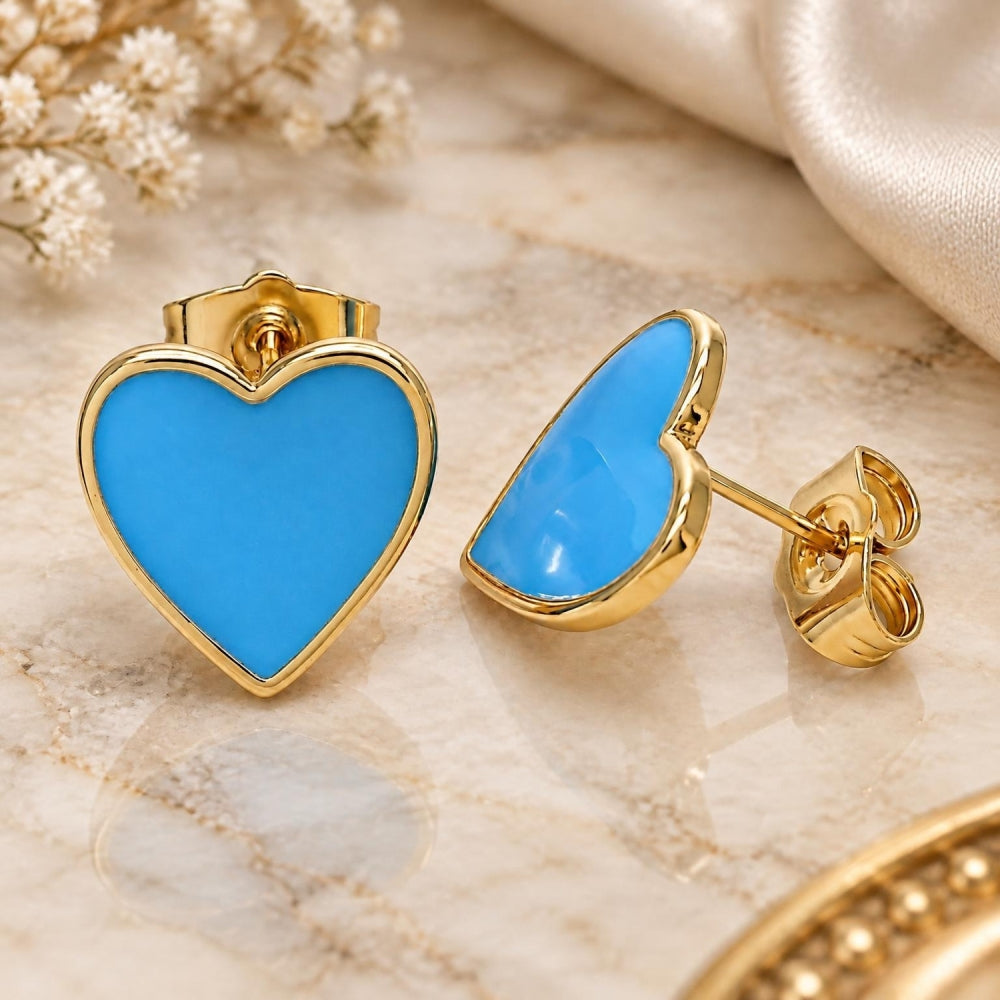 Oro Laminado Stud Earring, Gold Filled Style Heart Design, Blue Enamel Finish, Golden Finish