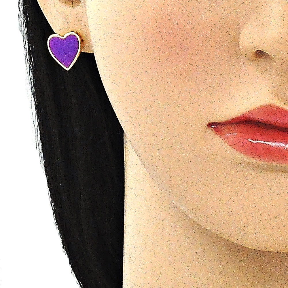 Oro Laminado Stud Earring, Gold Filled Style Heart Design, Purple Enamel Finish, Golden Finish