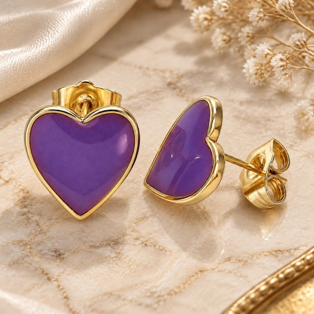 Oro Laminado Stud Earring, Gold Filled Style Heart Design, Purple Enamel Finish, Golden Finish