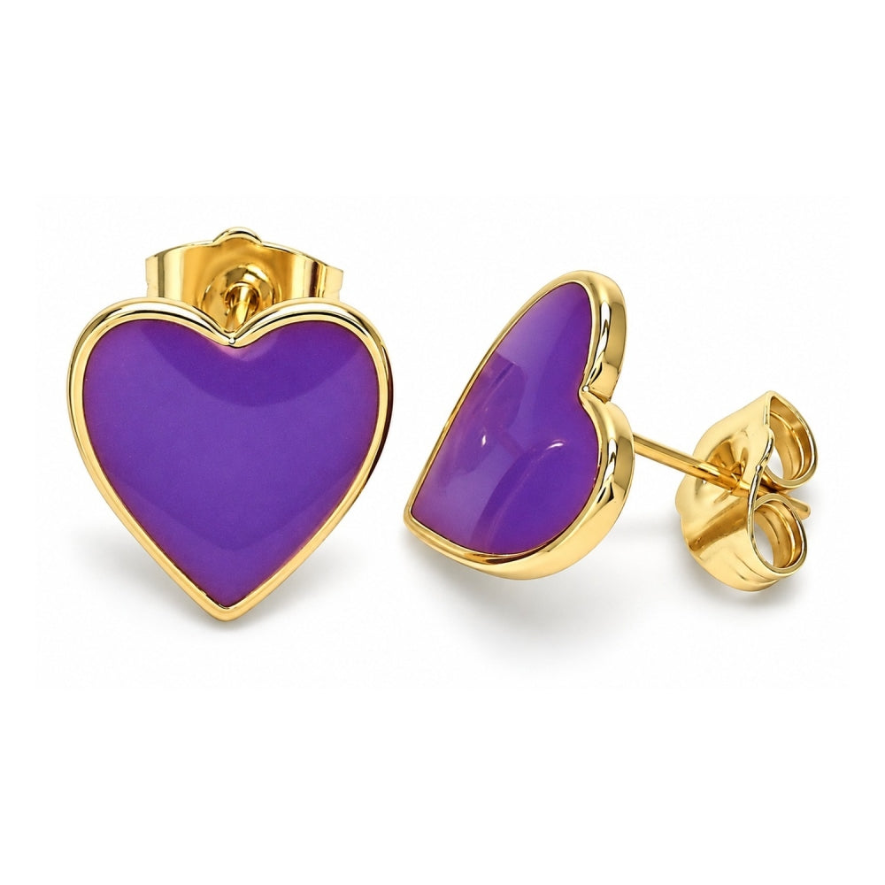Oro Laminado Stud Earring, Gold Filled Style Heart Design, Purple Enamel Finish, Golden Finish