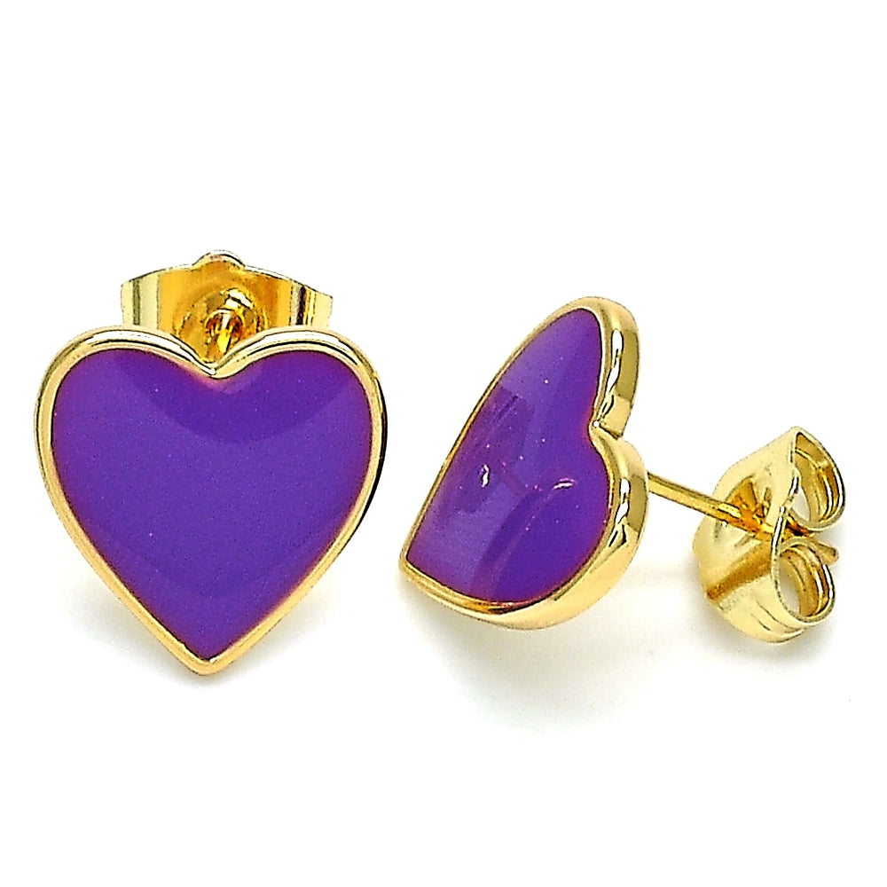 Oro Laminado Stud Earring, Gold Filled Style Heart Design, Purple Enamel Finish, Golden Finish