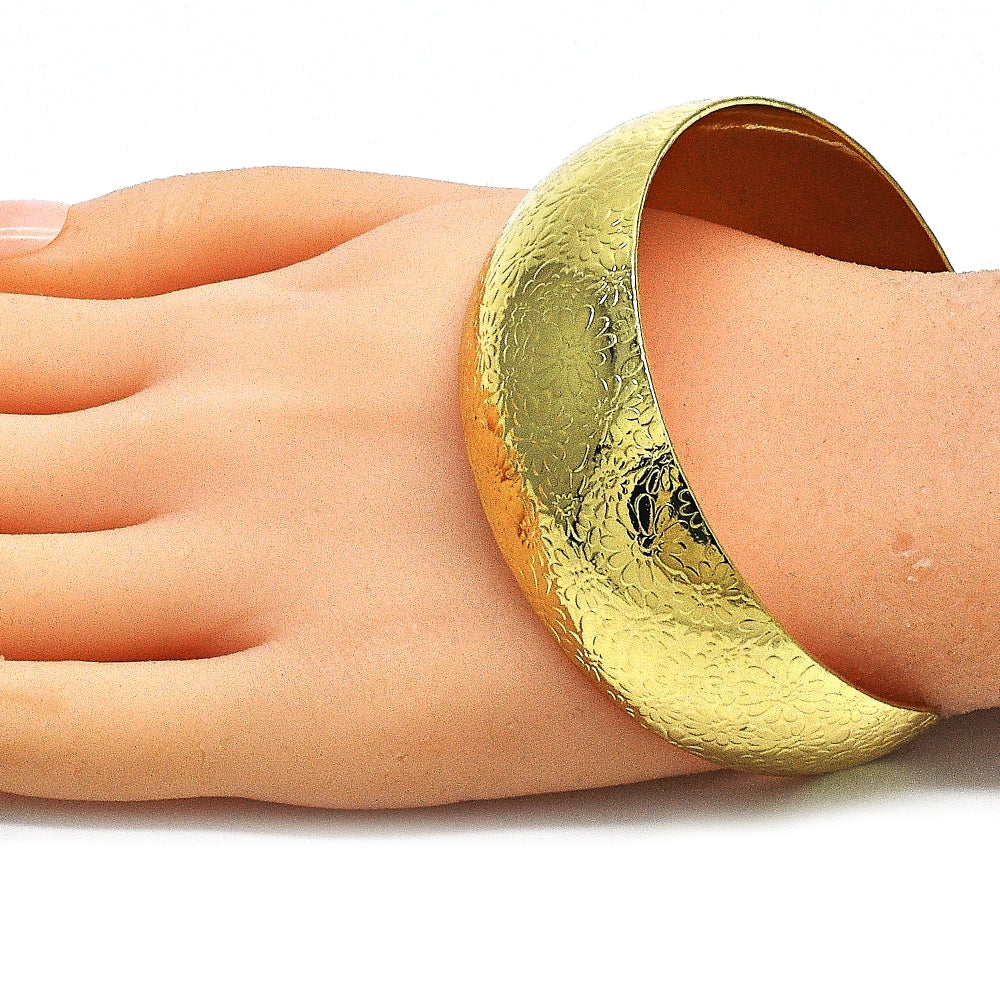Oro Laminado Individual Bangle, Gold Filled Style Flower Design, Polished, Golden Finish