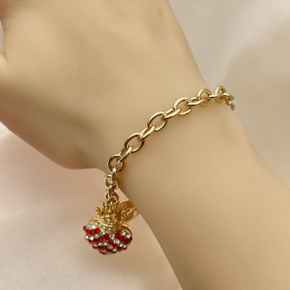 Oro Laminado Charm Bracelet, Gold Filled Style Heart and Crown Design, with Garnet and White Crystal, Polished, Golden Finish
