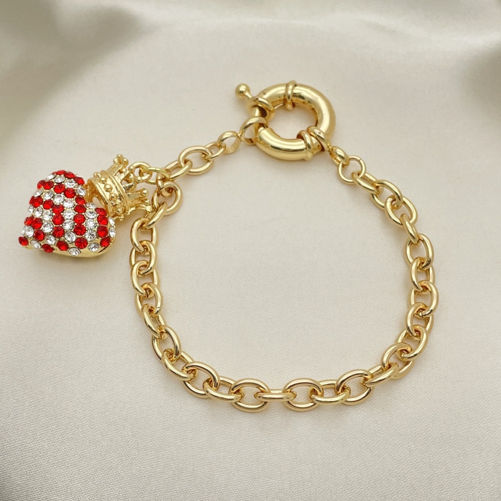 Oro Laminado Charm Bracelet, Gold Filled Style Heart and Crown Design, with Garnet and White Crystal, Polished, Golden Finish
