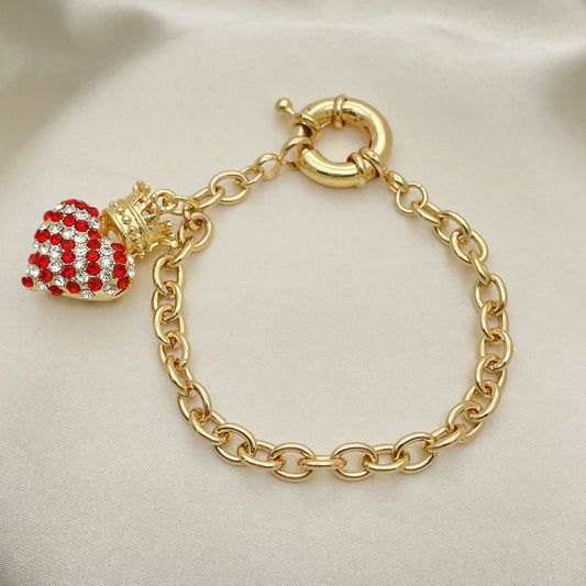 Oro Laminado Charm Bracelet, Gold Filled Style Heart and Crown Design, with Garnet and White Crystal, Polished, Golden Finish