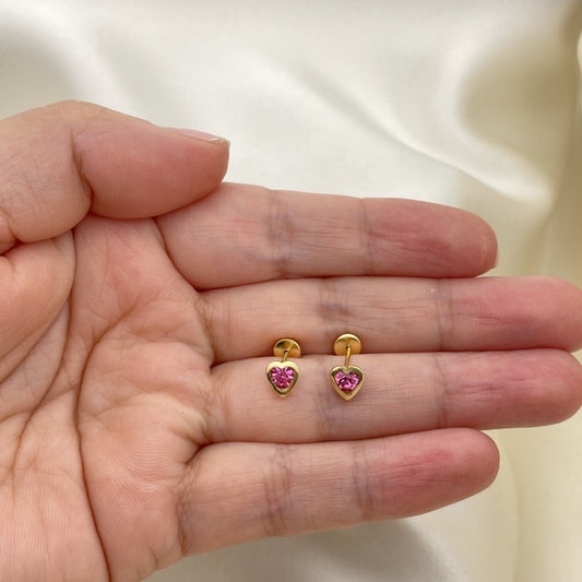 Oro Laminado Stud Earring, Gold Filled Style Heart Design, with Pink Cubic Zirconia, Polished, Golden Finish
