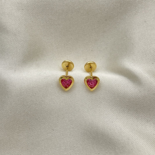 Oro Laminado Stud Earring, Gold Filled Style Heart Design, with Pink Cubic Zirconia, Polished, Golden Finish