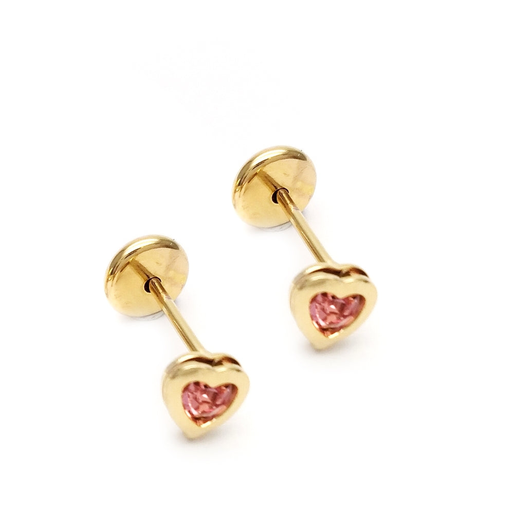 Oro Laminado Stud Earring, Gold Filled Style Heart Design, with Pink Cubic Zirconia, Polished, Golden Finish