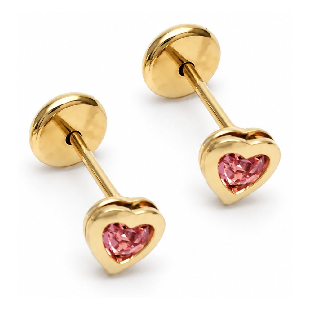 Oro Laminado Stud Earring, Gold Filled Style Heart Design, with Pink Cubic Zirconia, Polished, Golden Finish