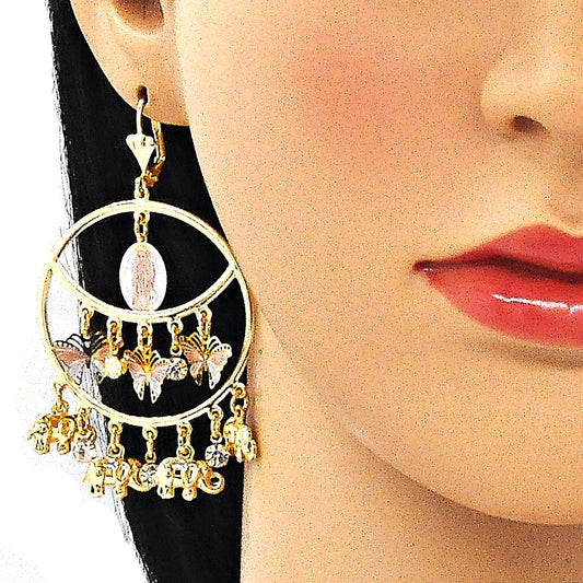 Oro Laminado Long Earring, Gold Filled Style Guadalupe and Butterfly Design, with White Crystal, Polished, Tricolor