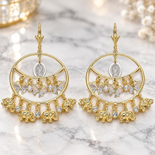 Oro Laminado Long Earring, Gold Filled Style Guadalupe and Butterfly Design, with White Crystal, Polished, Tricolor