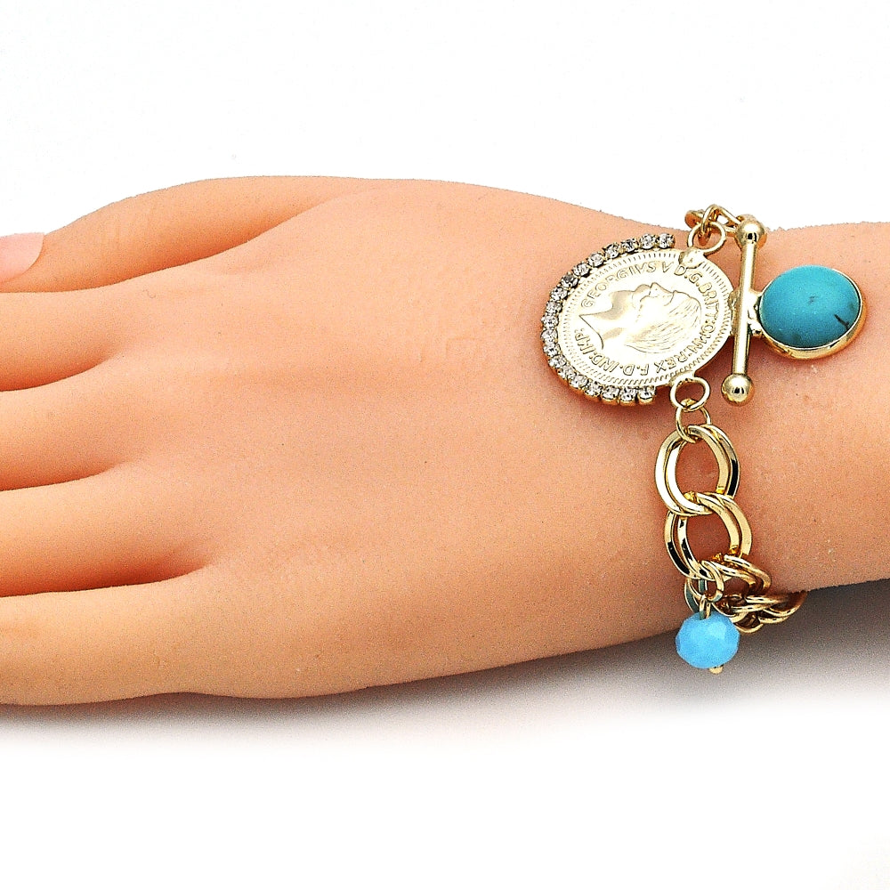 Oro Laminado Charm Bracelet, Gold Filled Style with Turquoise Opal and White Crystal, Polished, Golden Finish