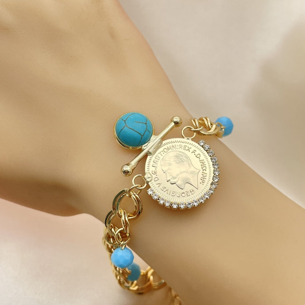 Oro Laminado Charm Bracelet, Gold Filled Style with Turquoise Opal and White Crystal, Polished, Golden Finish