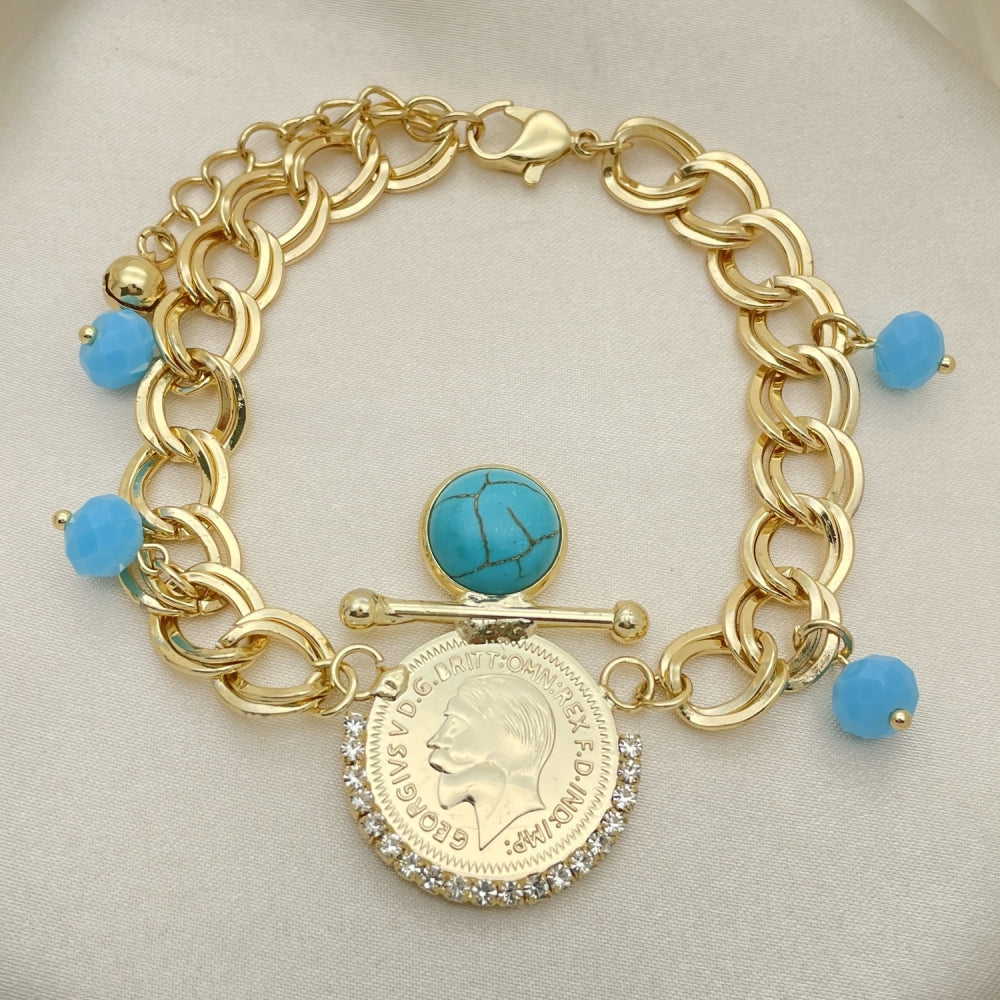 Oro Laminado Charm Bracelet, Gold Filled Style with Turquoise Opal and White Crystal, Polished, Golden Finish