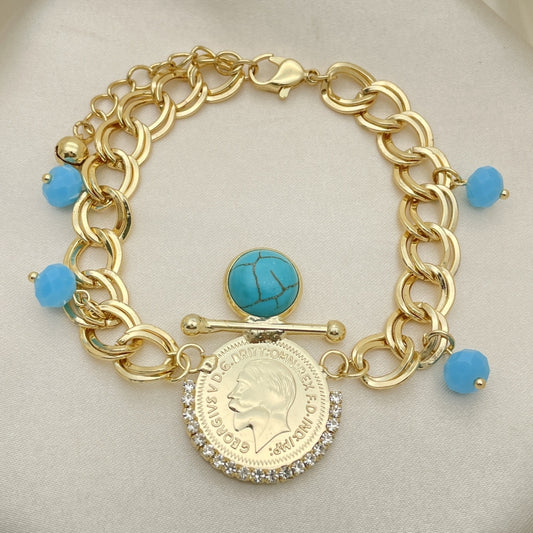 Oro Laminado Charm Bracelet, Gold Filled Style with Turquoise Opal and White Crystal, Polished, Golden Finish