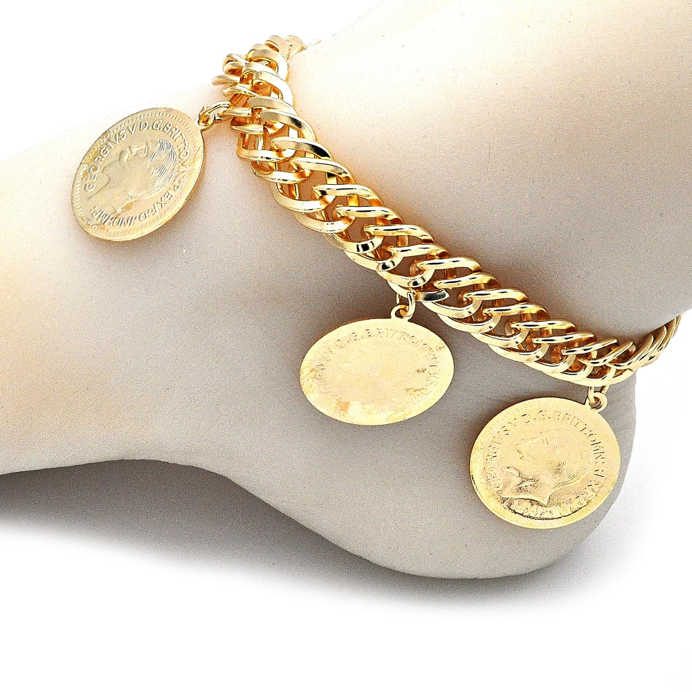 Oro Laminado Charm Anklet , Gold Filled Style Curb Design, Polished, Golden Finish