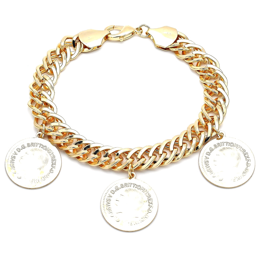 Oro Laminado Charm Anklet , Gold Filled Style Curb Design, Polished, Golden Finish