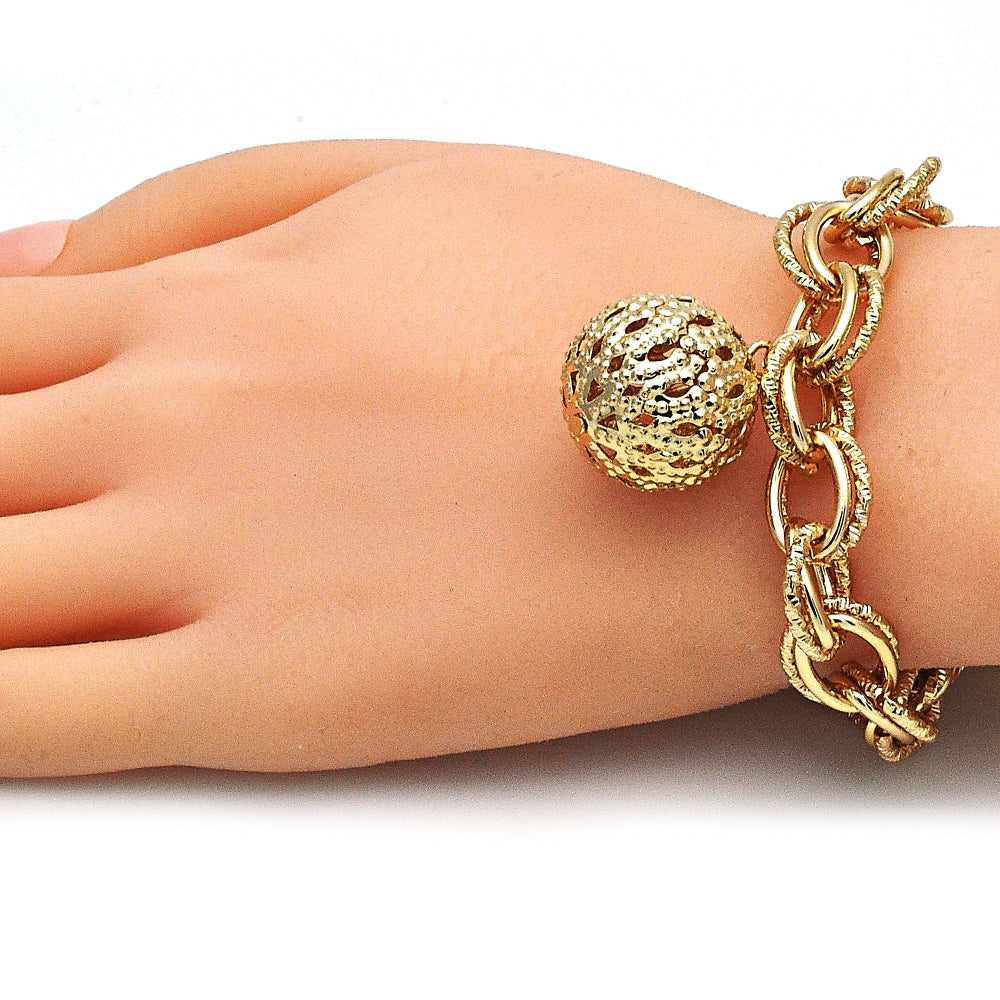 Oro Laminado Charm Bracelet, Gold Filled Style Ball Design, Polished, Golden Finish