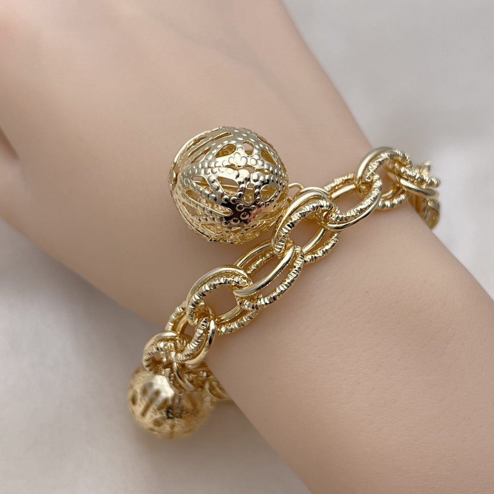 Oro Laminado Charm Bracelet, Gold Filled Style Ball Design, Polished, Golden Finish