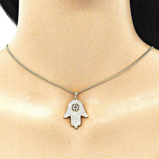 Oro Laminado Pendant Necklace, Gold Filled Style Hand of God Design, with Sapphire Blue Cubic Zirconia and White Crystal, Polished, Golden Finish