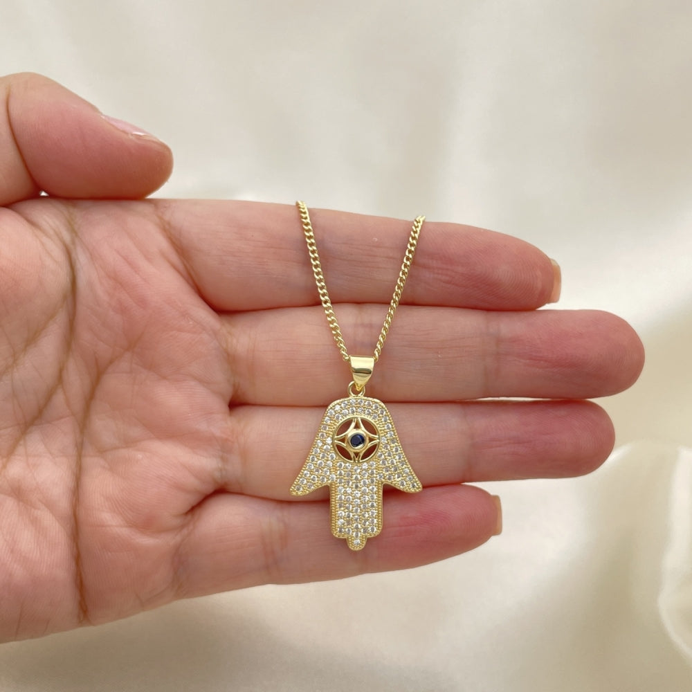Oro Laminado Pendant Necklace, Gold Filled Style Hand of God Design, with Sapphire Blue Cubic Zirconia and White Crystal, Polished, Golden Finish