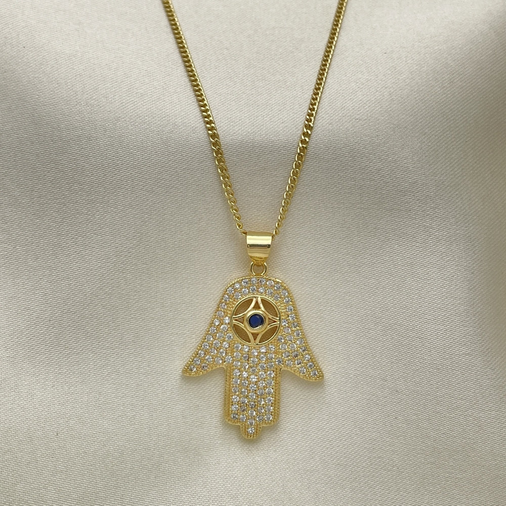 Oro Laminado Pendant Necklace, Gold Filled Style Hand of God Design, with Sapphire Blue Cubic Zirconia and White Crystal, Polished, Golden Finish