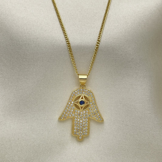 Oro Laminado Pendant Necklace, Gold Filled Style Hand of God Design, with Sapphire Blue Cubic Zirconia and White Crystal, Polished, Golden Finish