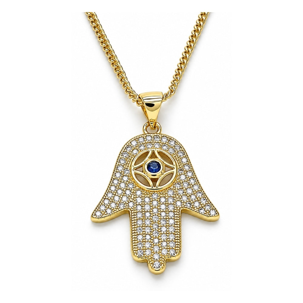 Oro Laminado Pendant Necklace, Gold Filled Style Hand of God and Judaica Design, with Sapphire Blue Cubic Zirconia and White Crystal, Polished, Golden Finish